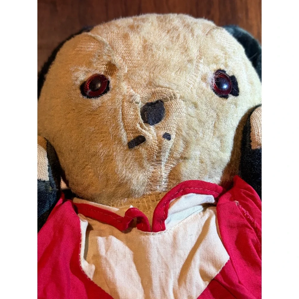 Antique 1925-1945 Panda Bear Plush Teddy Bear Stuffed Animal Red Glass Eyes 14in